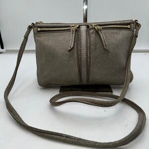 Fossil Glitter Suede Crossbody Bag Shimmer Taupe Gold Tone Zip Pockets